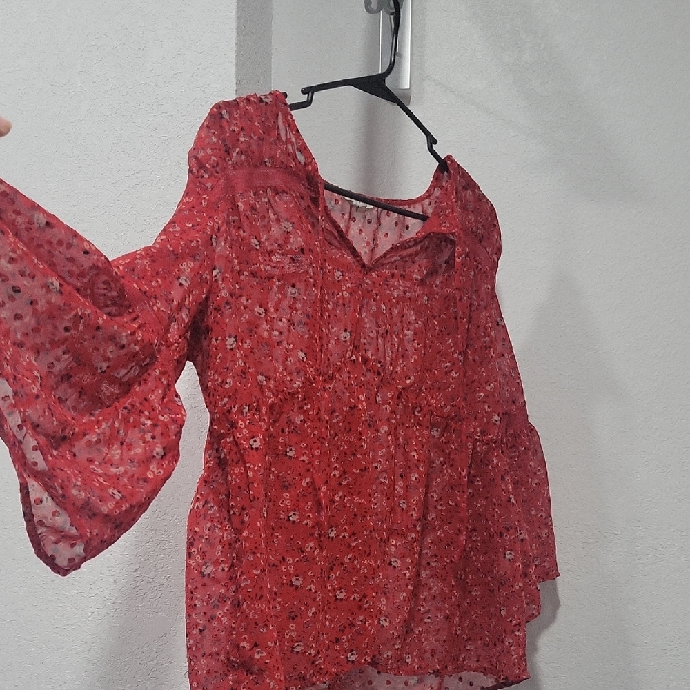 Lucky Brand Red Bell Sleeve Ruffled Blouse